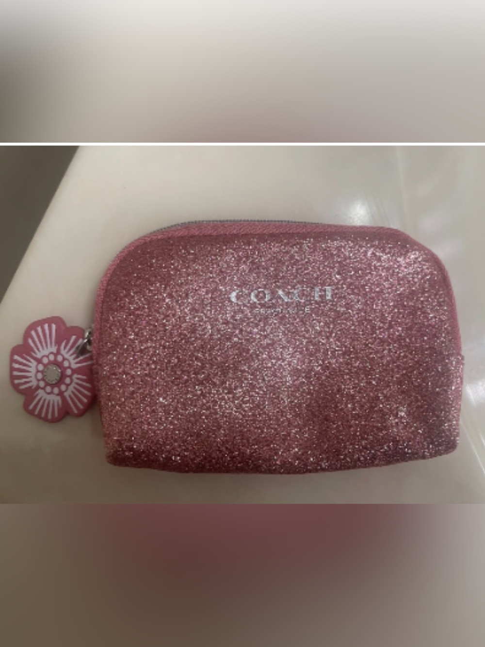 Coach Glitter Phone Pouch in Pink with Floral Zip Charm